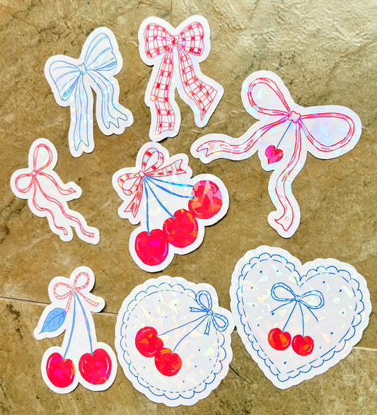 Holographic Cherry Bow Stickers